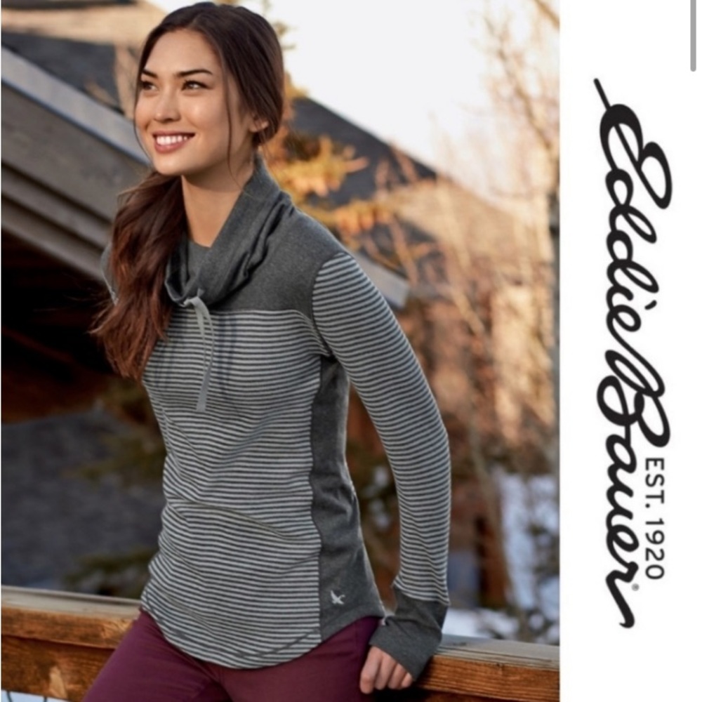 *Eddie Bauer Gray Striped Cowl Neck Long Sleeve Pullover Small Thermal Top #O